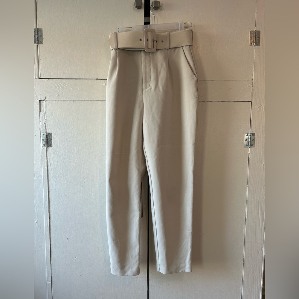 Zara high waist straight leg work trouser pants size small beige with belt